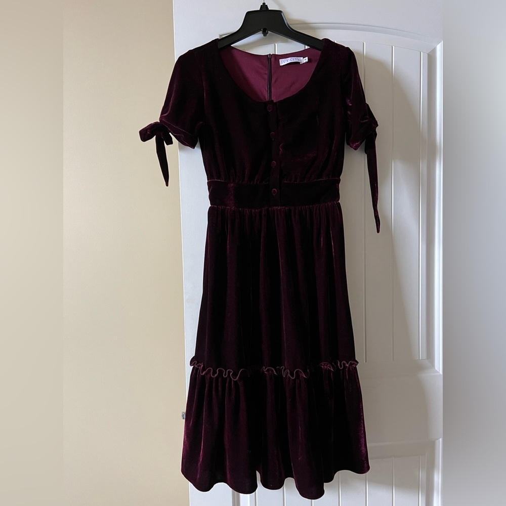 Ivy City Co Velvet Midi Dress in Deep Purple